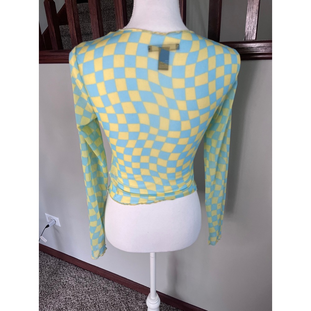 Forever 21 Women Yellow Blue Warped Checkerboard Mesh Long Sleeve Top Small - Picture 2 of 6
